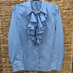 NWT Lauren Ralph Lauren Blue And White Striped Butyon Down Shirt W Ruffle Large